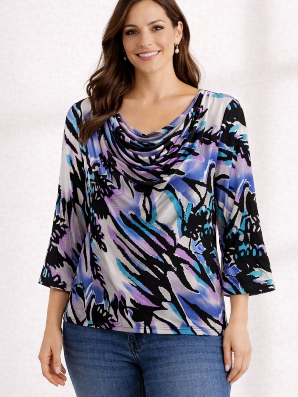 Milano Petite Abstract Print Top - Black, Gray, Teal & Lavender Size Petite L